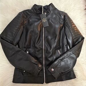 Women's Black Faux Leather Stand-Collar Jacket - Classic Moto Style